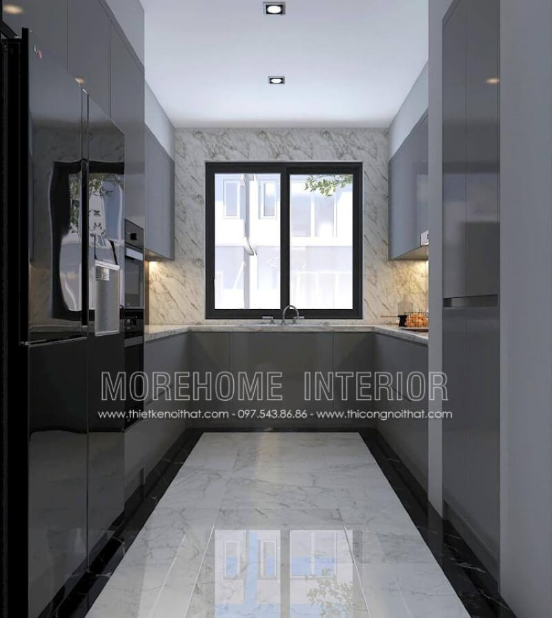 Đối với phòng bếp hiện đại không được lớn, mẫu tủ bếp chữ U gỗ công nghiệp acrylic màu xám là lựa chọn không thể hơn, đặc biệt phù hợp với các không gian chung cư, biệt thự, nhà phố. Thiết kế tủ bếp biệt thự sang trọng