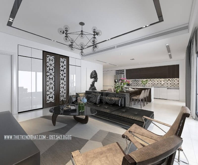 Nội thất phòng khách chung cư được sắp xếp vô cùng hợp lí, không chỉ mang lại một không gian sinh hoạt chung sang trọng, thanh lịch mà không kém phần tiện nghi Thiết kế phòng khách chung cư