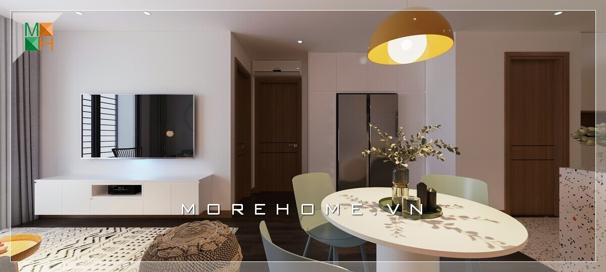 Sử dụng kệ ti vi phòng khách chung cư đơn giản, hiện đại kết hợp rèm cửa uyển chuyển góp phần tạo nên sự tinh tế và sang trọng cho phòng khách. Thiết kế phòng khách chung cư