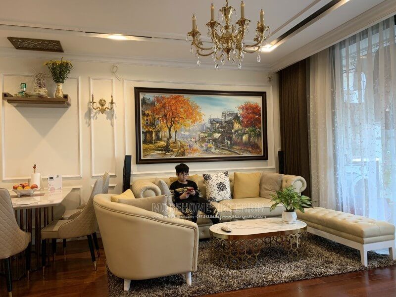Công trình sản phẩm thi công sofa tân cổ điển bọc da đẹp cao cấp cho phòng khách chung cư Vinhomes Nguyễn Chí Thanh quận Đống Đa Hà Nội